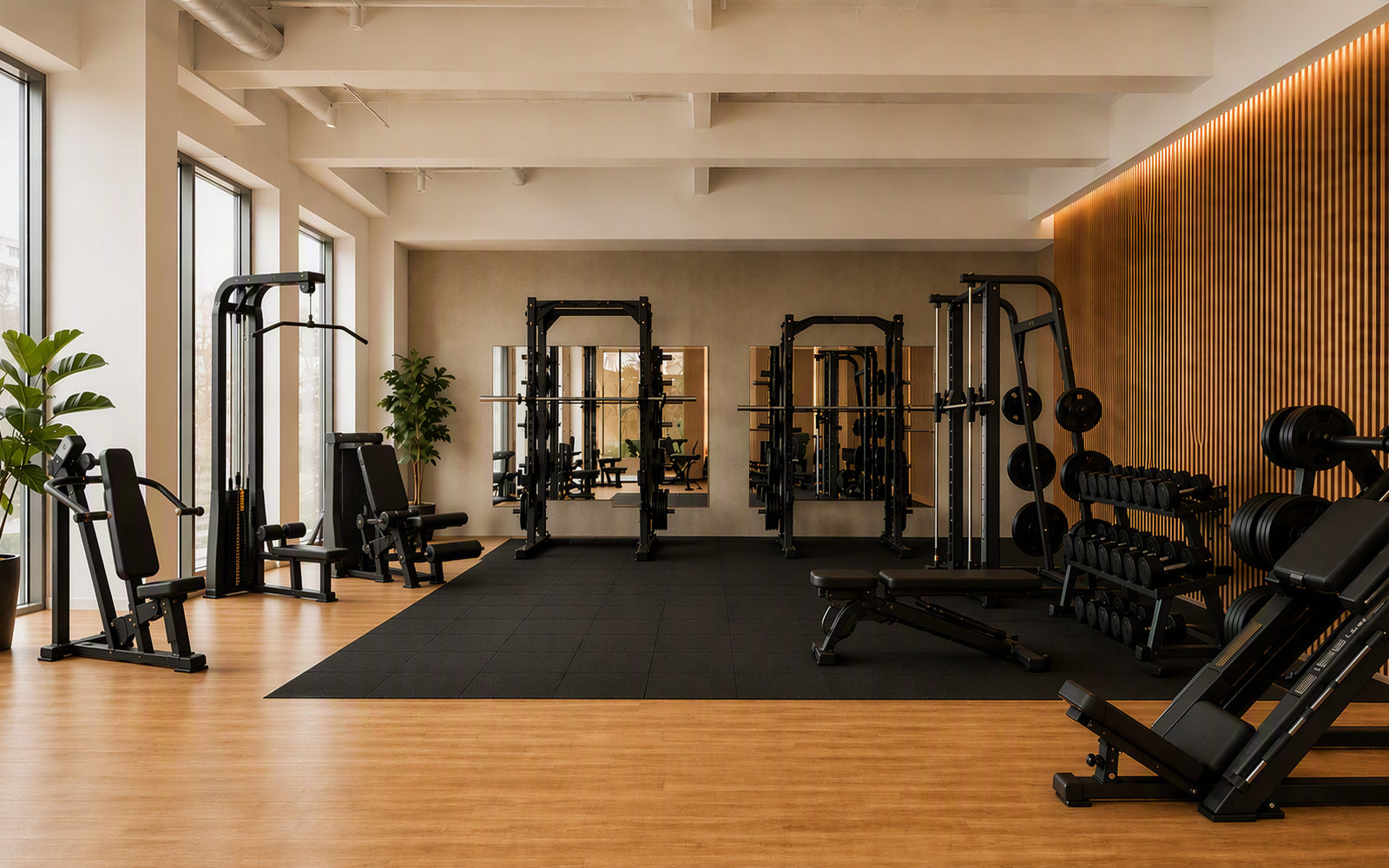 Krafttrainingsraum mit Fitnessgeräten und Hanteln