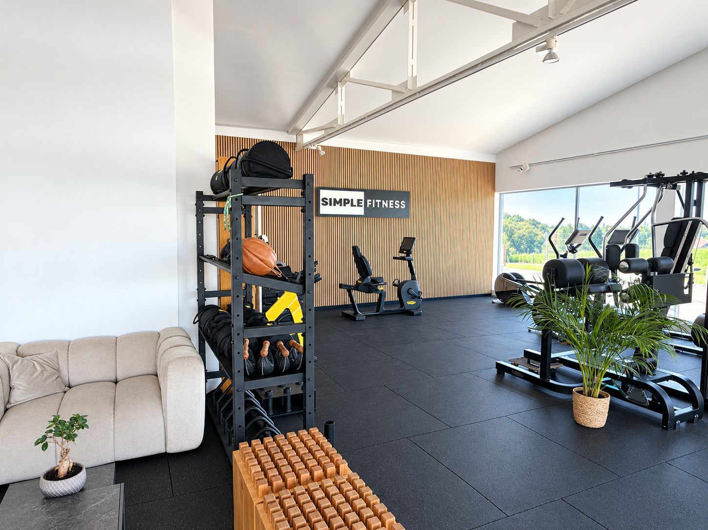 Simple Fitness Showroom mit hochwertigen Fitnessgeräten und großzügiger Fensterfront